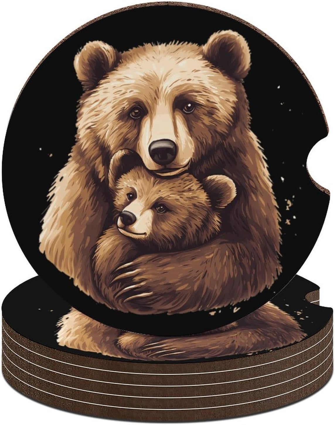 Mother Bear Cute Car Coasters 2.56 Inch Absorbent Cup Holder for Drinks Auto Interior Accessories