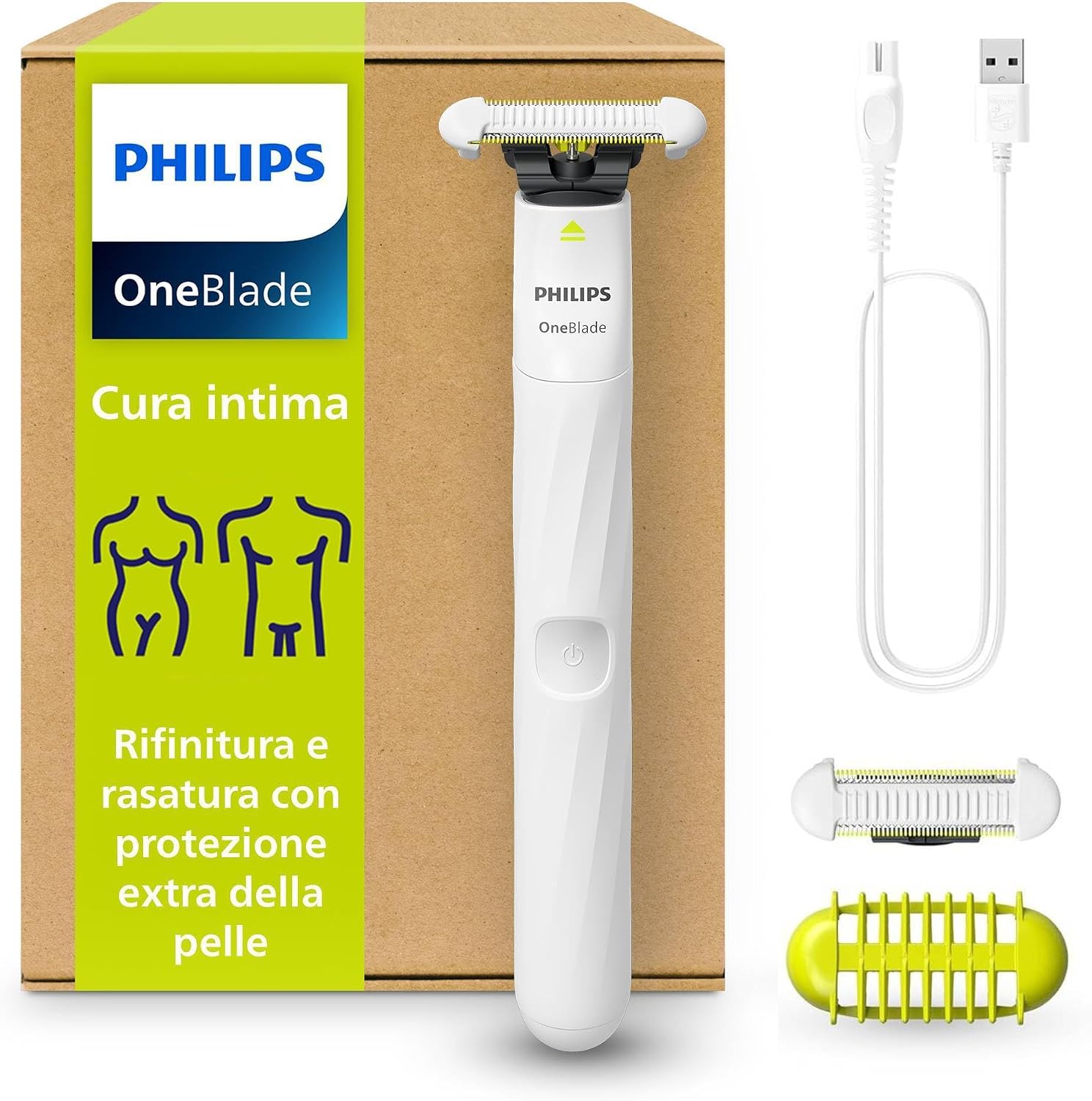 Philips OneBlade Intimate  cura intima  rifinitura e rasatura con protezione extra della pelle  Rasatura precisa e confortevole - senza radere completamente a zero  modello QP1924/30