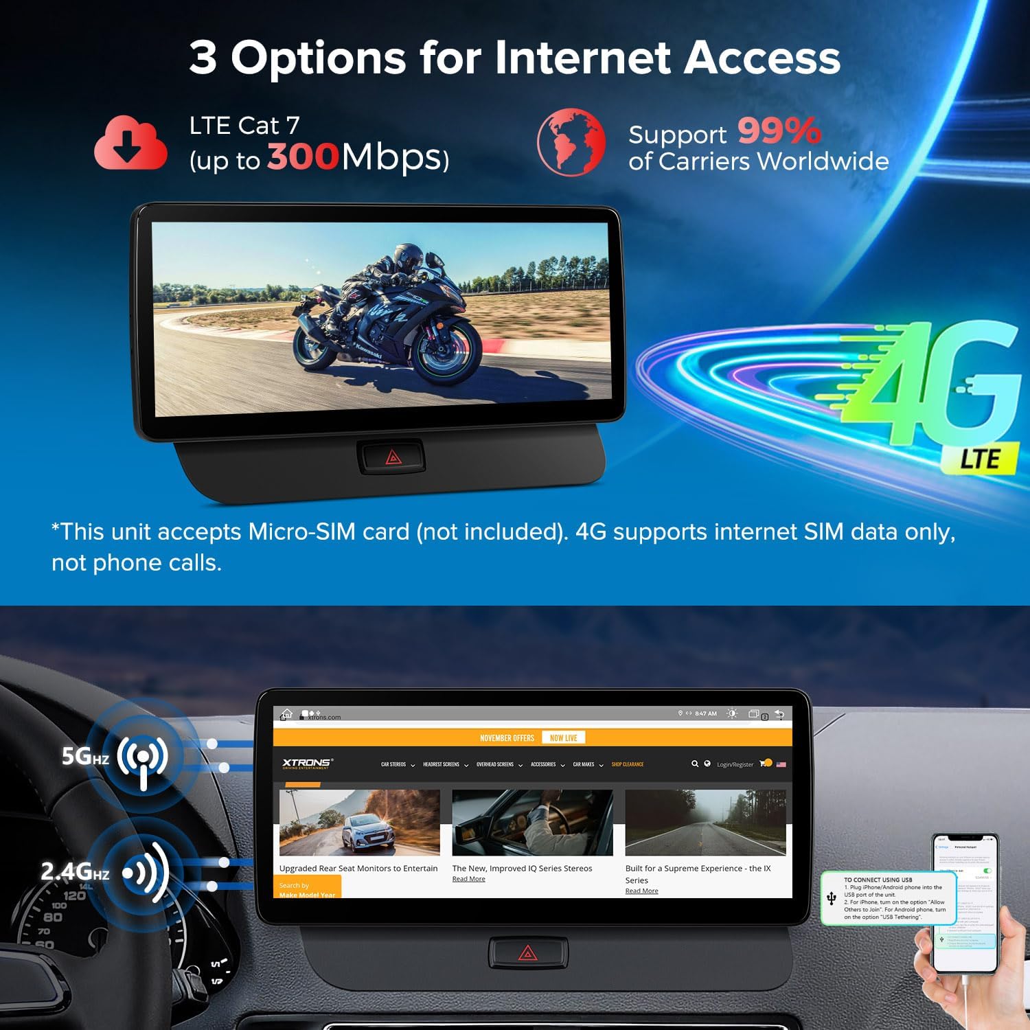 XTRONS 12.3 Inch Android 13 Car Stereo internet access options