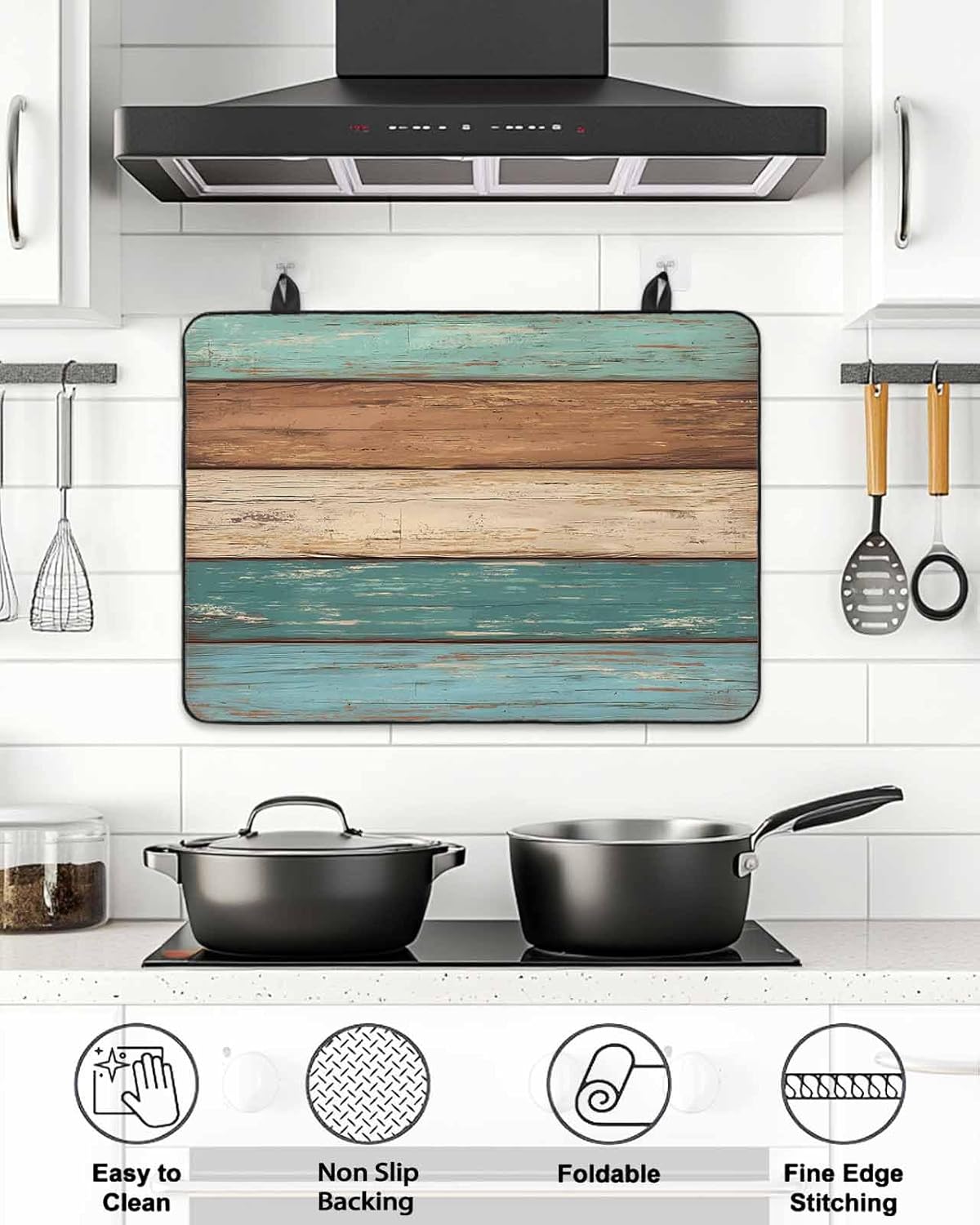 Stove Top Covers for Electric Stove 31x24 Inches,Turquoise Brown Retro HeatResistant Glass Cooktop Protector,Vintage Farmhouse Wood Grain Ceramic Stovetop Countertop Covers Mat,Distressed Oven Cover