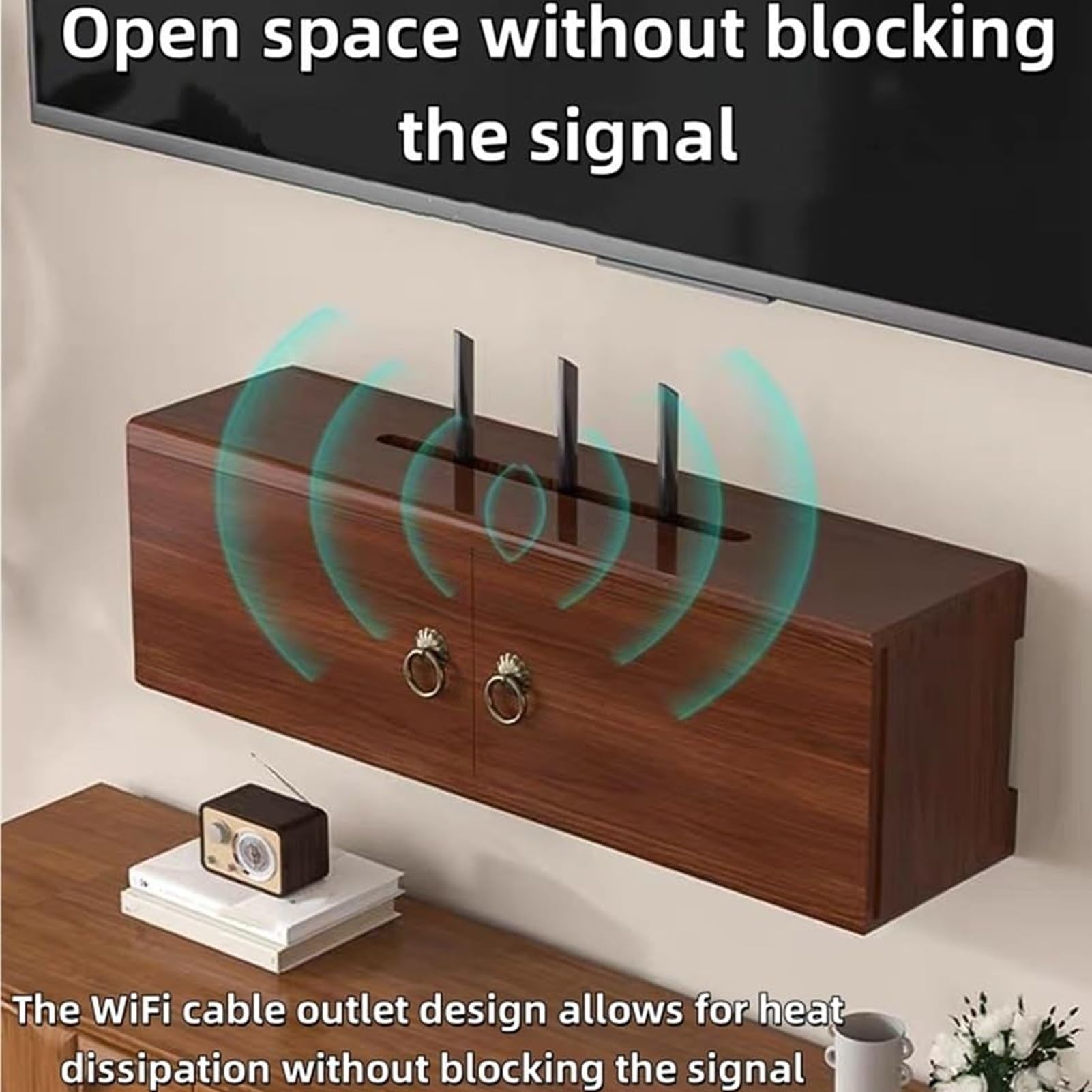 Boîtier de Rangement Mural en Bois Massif pour Routeur WiFi, Meuble de Rangement Multimédia pour Modem, Décodeur TV et Multiprise, Idéal pour Le Salon ou Le Bureau(Walnut-Late,60cm/23.6in)