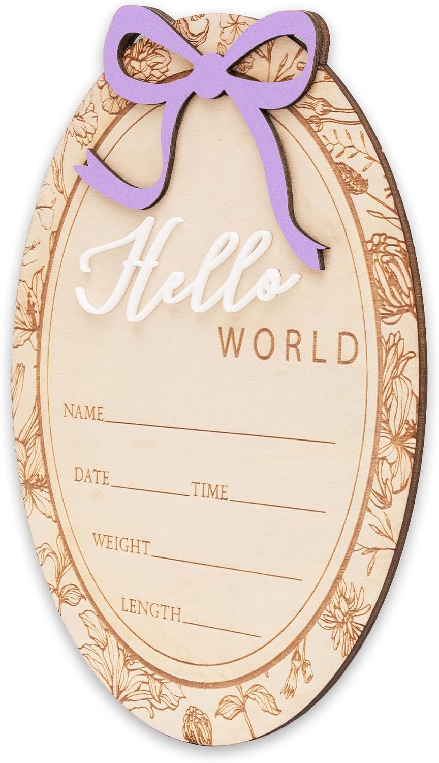 Baby Announcement Sign, Hello World Newborn Plaque, Wooden Birth Reveal Prop, Hospital Photography Decor, Nursery Room Decor (Purple D24)