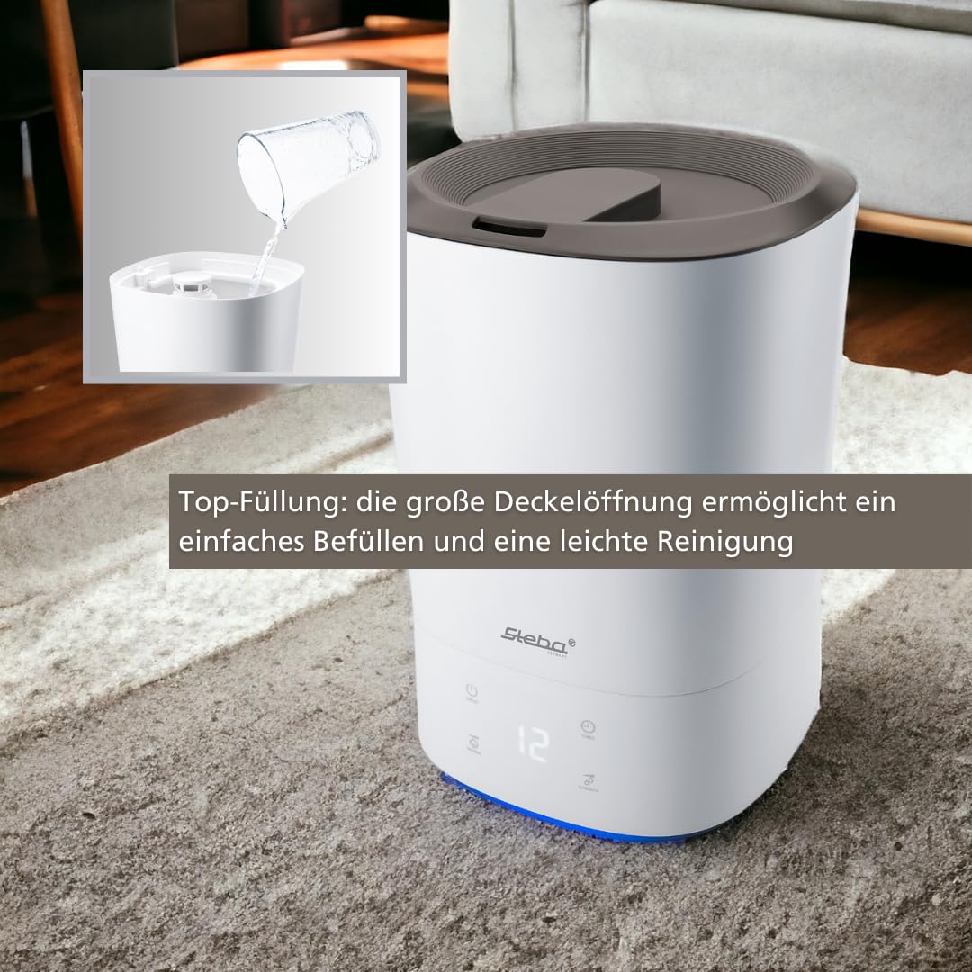 Humidificador Steba con inserto para fragancias, muy silencioso, con 3 ajustes de velocidad y un depósito de agua de 5,5 litros. LB 8.