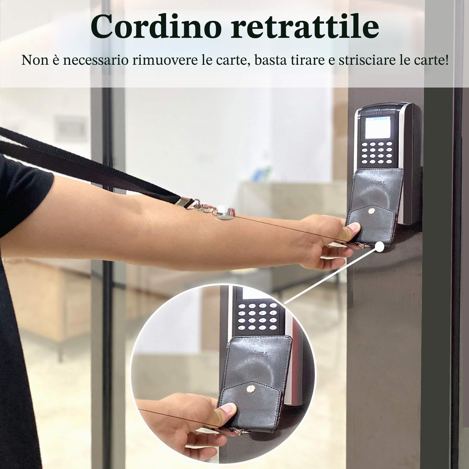 Porta badge in pelle con cordino e bobina retrattile, 4 scomparti per carte d'identità, tasca con cerniera