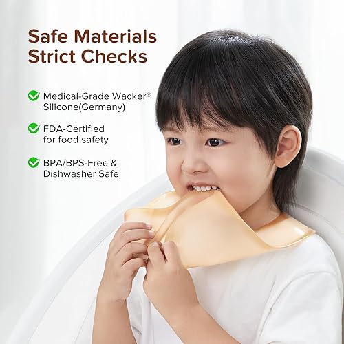 Miniatura 5 de thyseed Baberos de silicona ultrafinos y ligeros impermeables para bebés que comen niños pequeños, atrapador de alimentos de silicona con bolsa