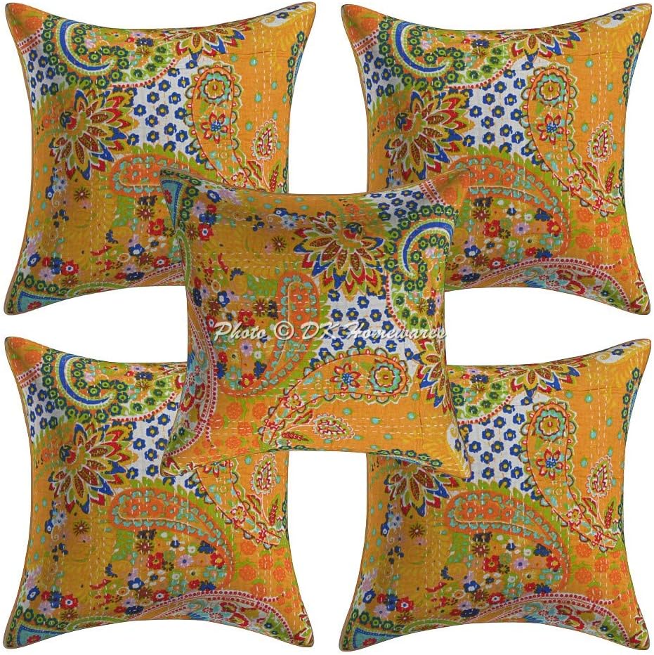 Indian Decorative Accent Throw Pillowcases 16 x 16 Inch Cotton Kantha Paisley Bohemian Square Sofa Cushion Covers (Size - 40x40 cm ; Color: Mango Yellow) - Set of 5 Pcs (Cover Only)
