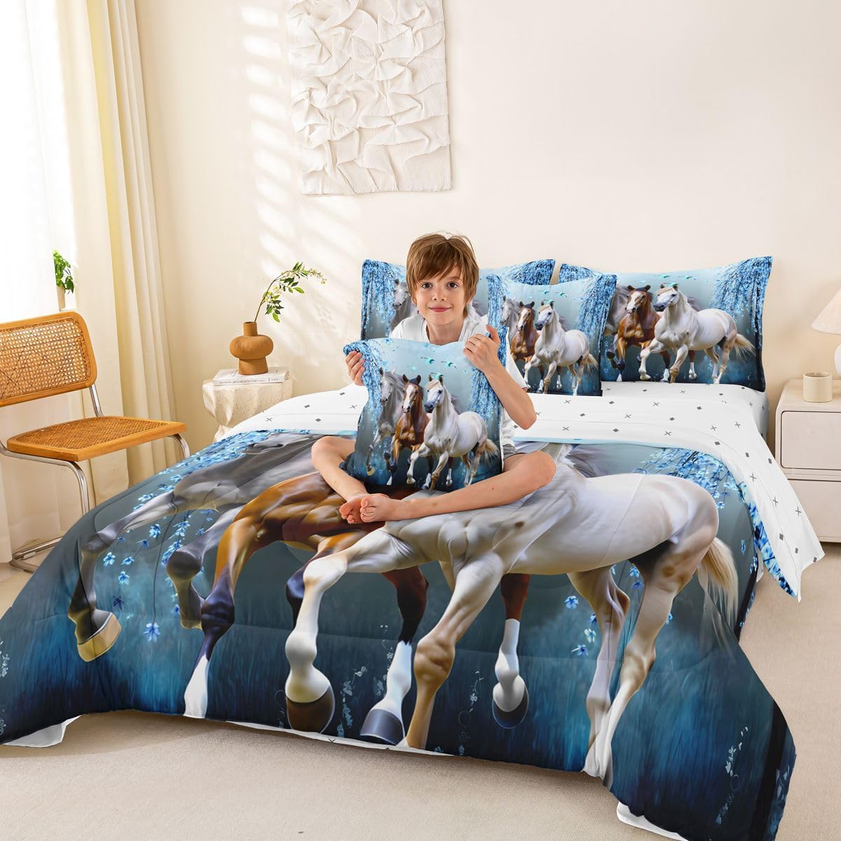 Horse Twin Size Bed in a Bag for Girls Boys Cherry Blossom Branches Steed Blue Kids Comforter Set with Sheets Teens Galloping Horse 7 Piece Bedding Set Wild Animal Decor Bed Set Bedroom Collection