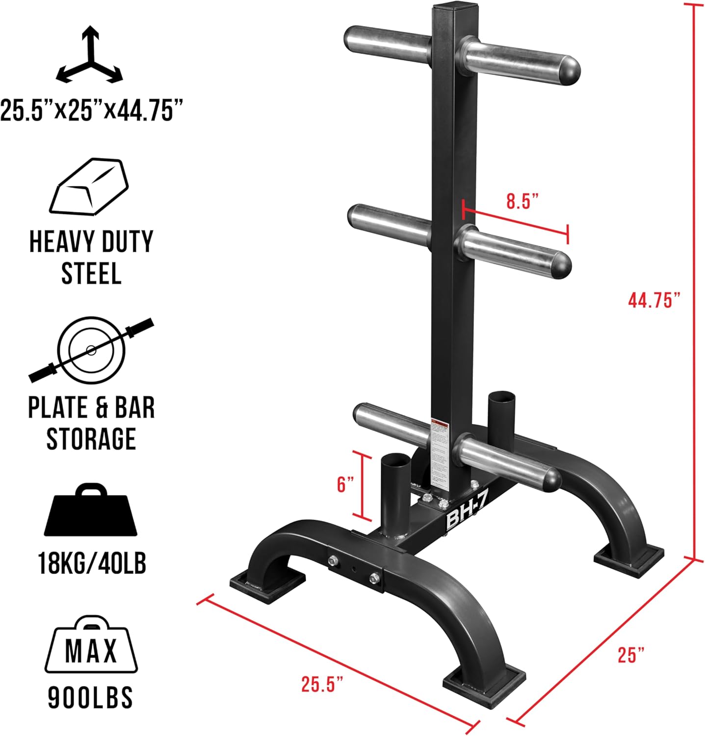Valor Fitness 2 Inch Plate Storage Rack – 6-Peg Heavy-Duty Organizer with Barbell Holder, 900 lb Capacity for Home Gym Weight Storage