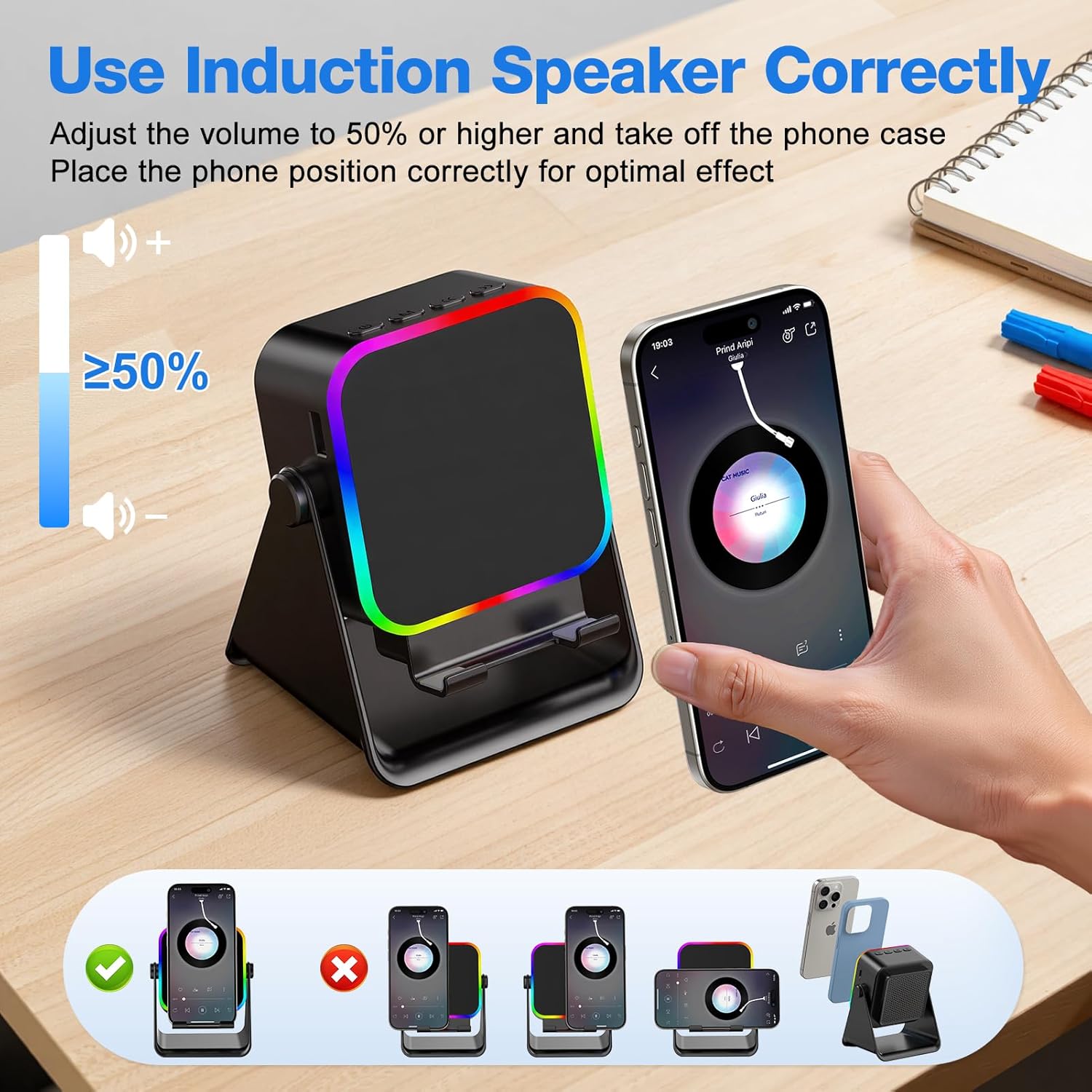 TARKARI Wireless Induction Speaker, 5 in 1 Bluetooth Speaker, Emergency Charging 360° Rotation Cell Phone Stand Compatible with iPhone Android iPad Samsung, Birthday Gifts for Men Women