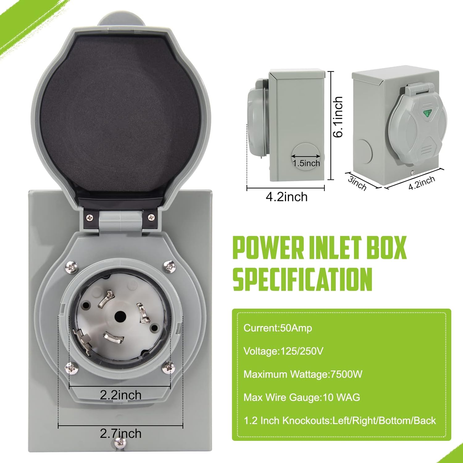 TIPHOPE 50A Generator Power Inlet Box with Pre Drilled Holes,ETL Listed NEMA SS2-50P Power Box for 3 Prong Adapter Cord,125/250V Generator Transfer Switch for Home Emergency Backup,Weatherproof