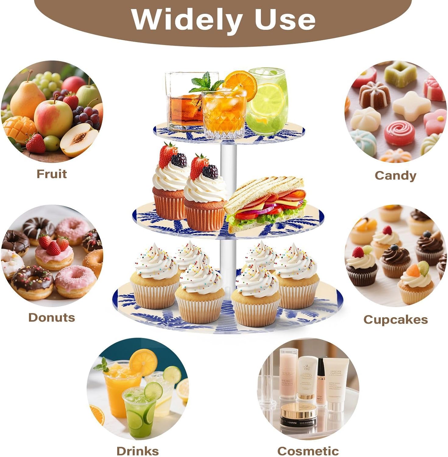 Blue Pattern Palm Tree 3 Tier Acrylic Cupcake Stand, Cupcake Stand for 34 Cupcakes for Weddings, Christmas,Holidays,Parties,Birthday,Printed Cupcake Tower 23102095