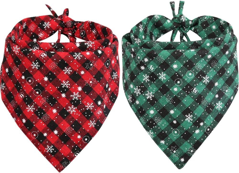 2Pcs Dog Bandana Christmas Pet Triangle Scarf Plaid Snowflake Accessories Bibs for Dog Cat