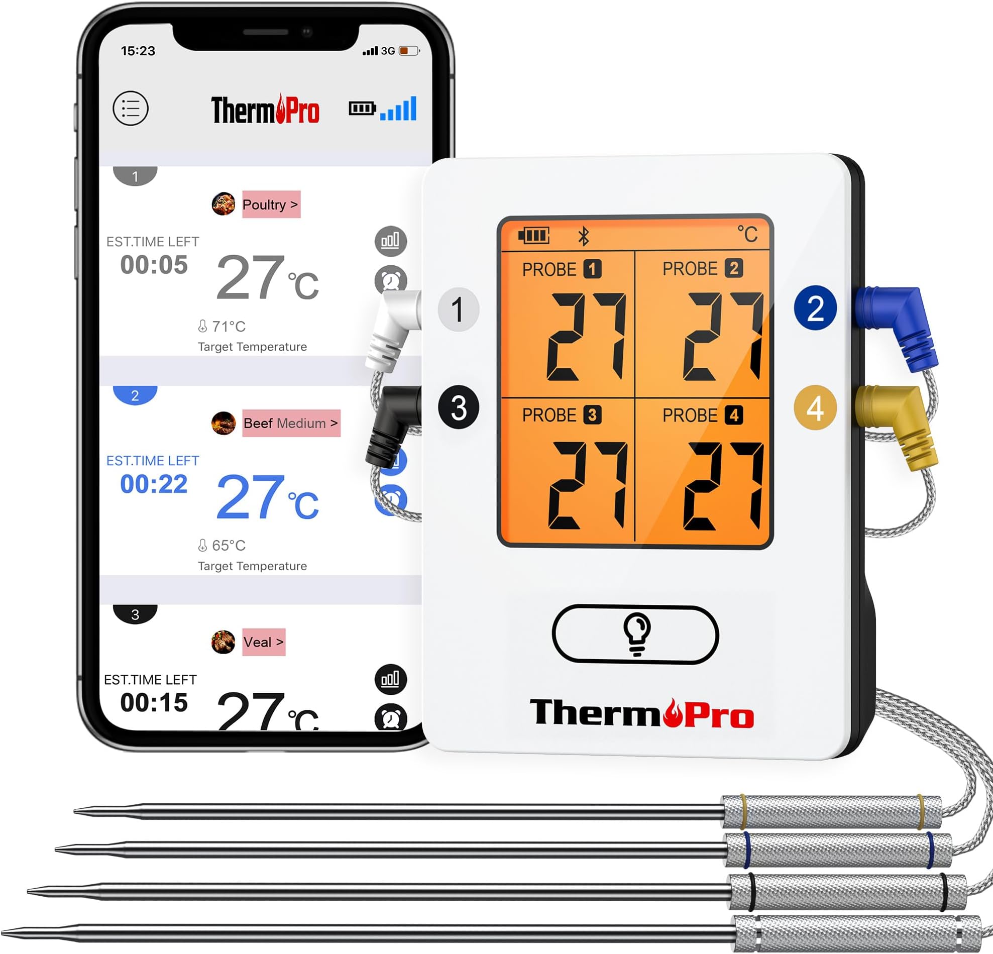 ThermoPro TP25 Bluetooth Meat Thermometer with 4 Temperature Probes Smart Wireless Digital Cooking Food Barbecue for Grilling Smart Oven Thermometer Rechargeable Smoker