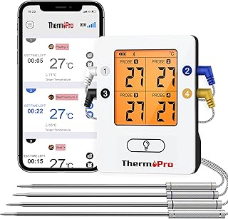 ThermoPro TempPro Bluetooth 5.0 Digital Bratenthermometer Grillthermometer Funk Fleischthermometer mit 4 Sonde für BBQ, Garraum, Smoker, Steak, Unterstützt IOS, Android, Reichweite bis zu 150m