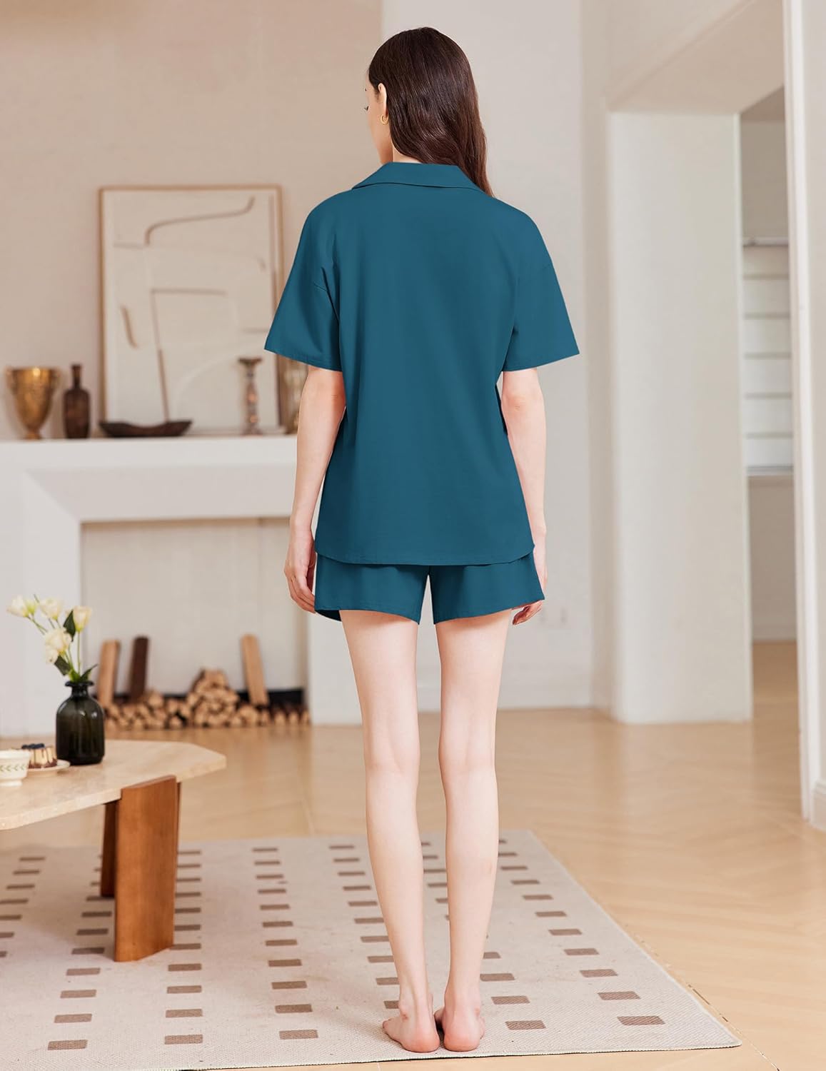 Ekouaer Womens Pajama Sets 2 Piece Cotton Pjs Button Down Sleepwear Short Sleeve Lounge Set with Pockets - Image 5