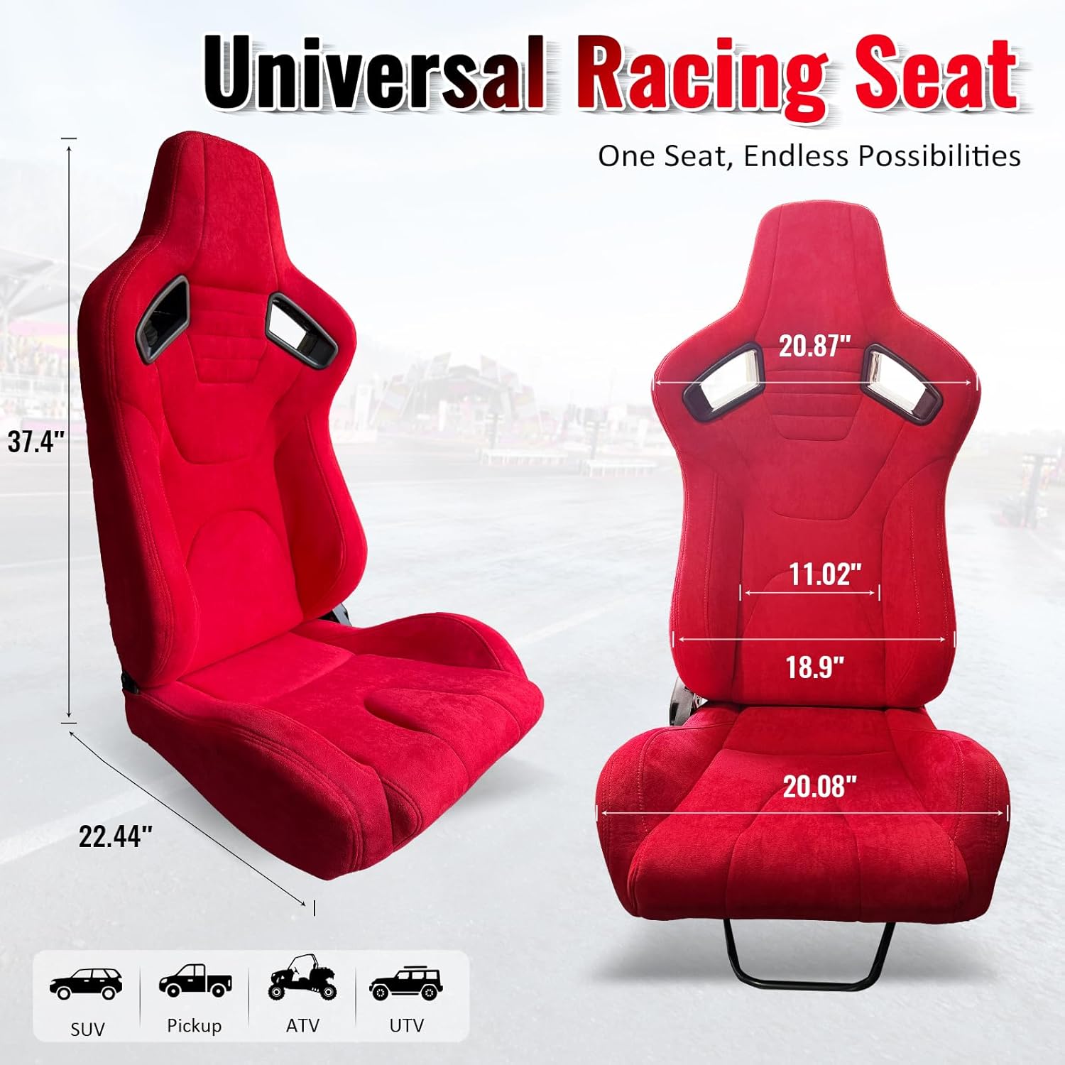 IKON MOTORSPORTS, Red Reclining Racing Seats Pair, Ergonomic Sport Seats with Adjustable Backrest, High-Density Foam & Soft Comfortable Suede Surface for Car, Truck, SUV
