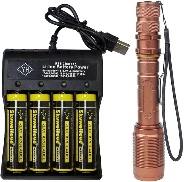 Bright Flashlight, 4-Slot Universal Battery Charger with Four 18650 Batteries, fit for 3.7V Lithium Ion Batteries 18650 18500 17650 16340 14500 25500 22700 21700 Rechargeable Batteries