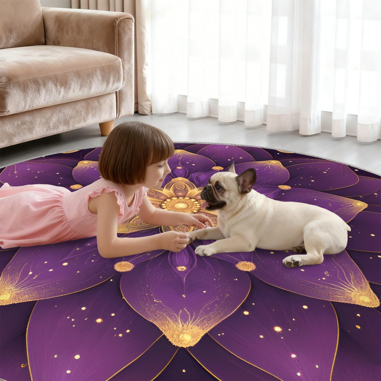 Tapis rond mandala lotus, ligne dorée pour salon, chambre à coucher, motif géométrique et étoilé, lavable, antidérapant, tapis décoratif