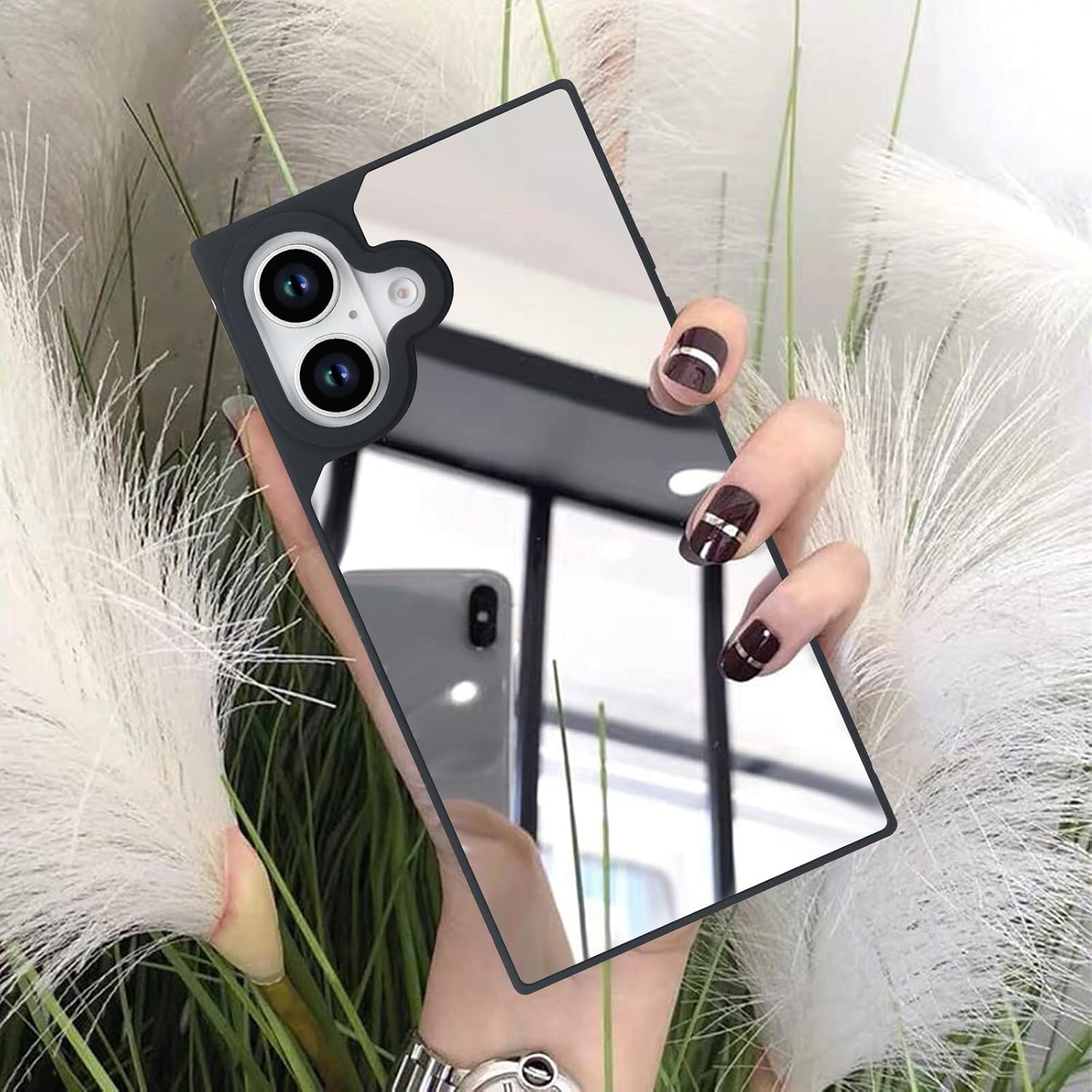 LUVI Compatible with iPhone 16 Mirror Rectangle Case for Women Makeup Cute Luxury Glossy Glass Mirror Design with Silicone Bumper Slim Thin Fashion Protective Shockproof Cover Silver