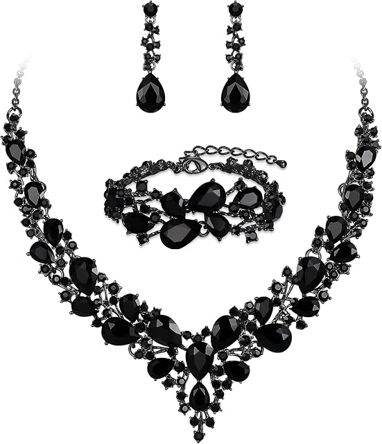 BriLove Bridal Jewellery Set for Wedding Women Austrian Crystal Teardrop Cluster Statement Necklace Dangle Earrings Link Bracelet