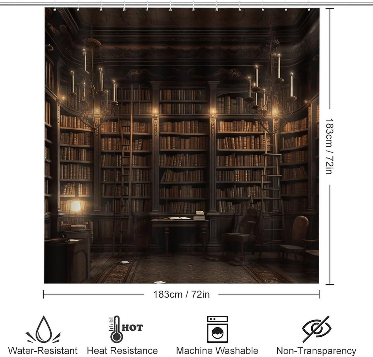 4Pcs Book Room Mysterious Library Bathroom Sets Decor with Non-Slip Rugs Fashion Toilet Lid Cover Exquisite U-Shaped Mat Modern Shower Curtain with 12 Hooks Bathroom Decor Accessories image 2