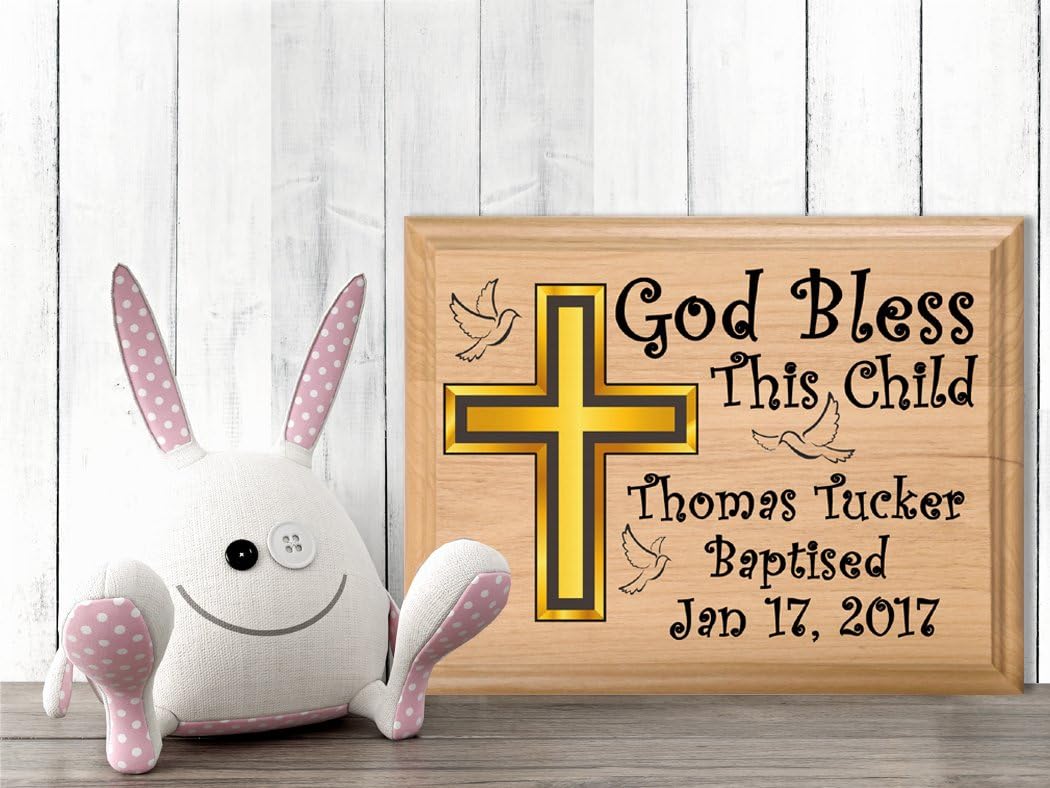 Baptism Gift Plaque – Custom Name and Date Christening Gift for Baby Boys or Girls – Solid Maple Wood Keepsake - "God Bless This Child" – Personalized