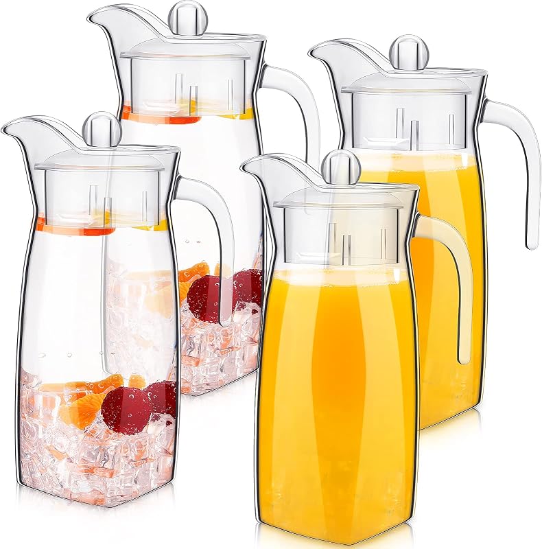 Didaey 4 Pcs Acrylic Water Pitcher with Lid, Spout Handle Clear Plastic Pitcher Heat Resistant Carafe Unbreakable Beverage Container Fridge Jug for Juice Ice Tea Sangria Lemonade(44 oz,Diamond)