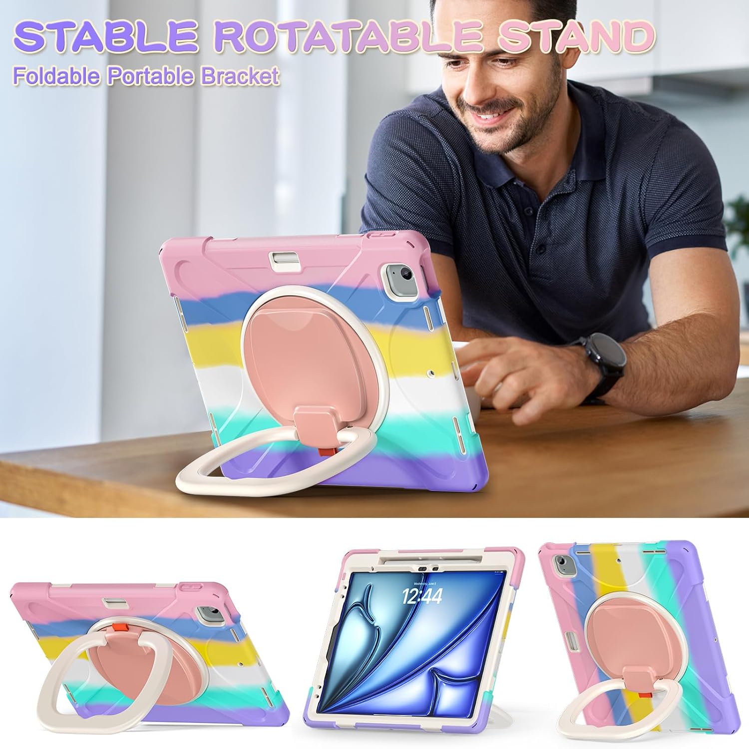 MEEgoodo Case for iPad Air 13 inch 2025 (M3) /2024 (M2) & iPad Pro 12.9 Case 6th/5th/4th/3rd Generation 2022 2021 2020 2018,Tablet Cover with Pencil Holder/Rotating Stand/Shoulder Strap,Colourful Pink | 2025 (M3), 2024 (M2), 2022 2021 2020 2018, Pencil Holder, Rotating Stand - Image 8