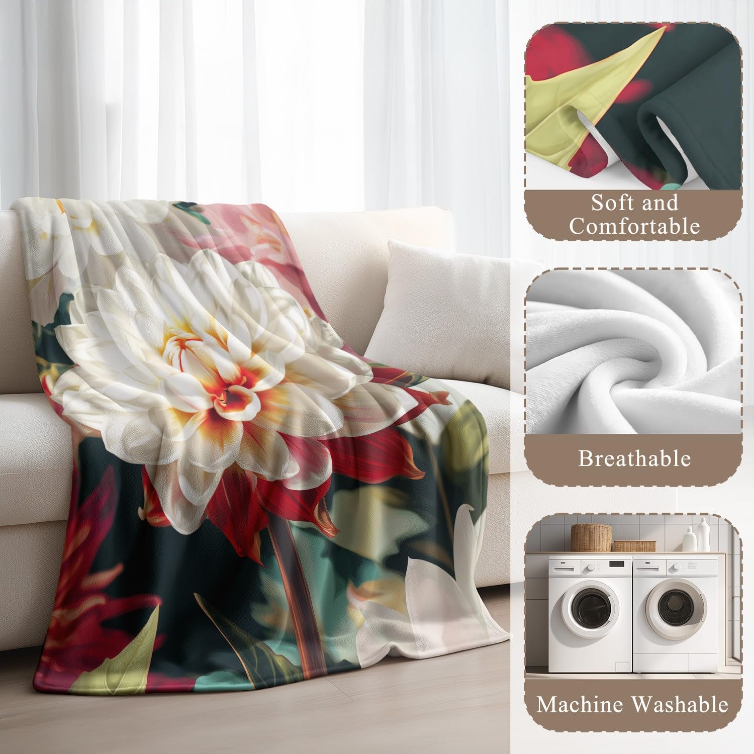 Elegancki koc flanelowy w stylu vintage, 150 cm x 180 cm, romantyczny, delikatny, luksusowy, naturalny rośliny, kwiaty, super miękki, ciepły, puszysty koc z nadrukiem, koc z mikrofibry, koc na sofę