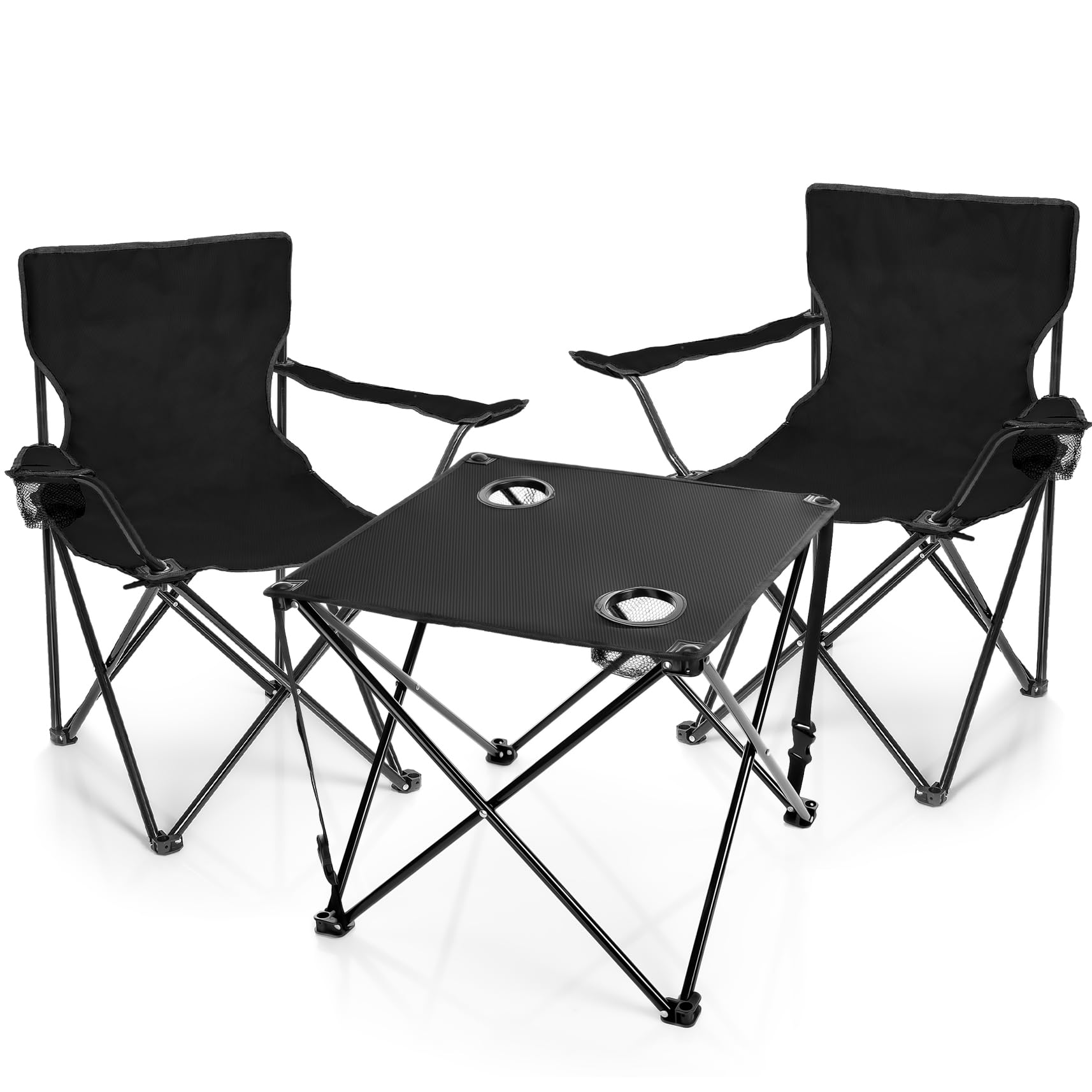 BigDean 2 Stück Campingstühle & Campingtisch faltbar schwarz - Campingtisch mit Stühlen - Faltstuhl Campingstuhl mit Tisch Klapptisch mit Stühlen