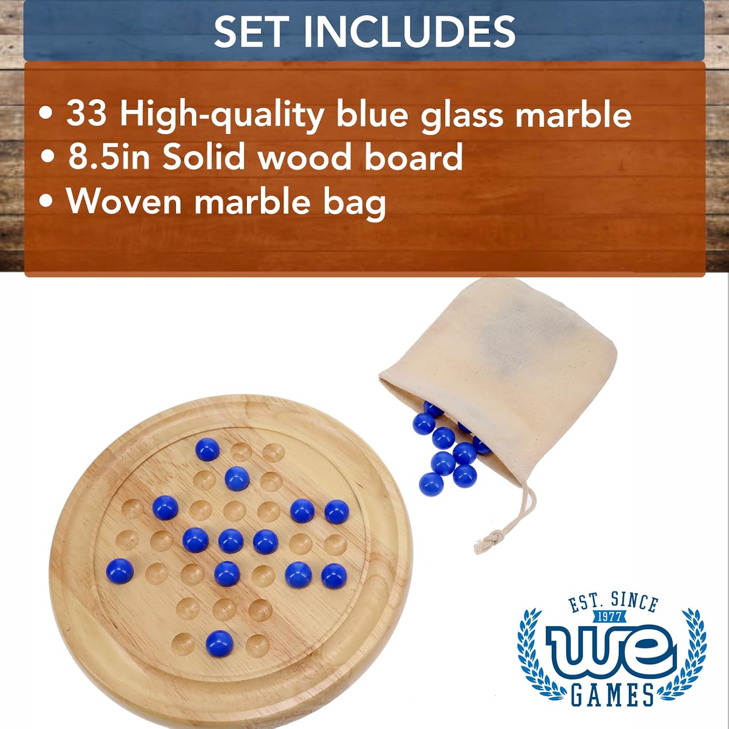 WE Games Solid Wood Marble Solitaire Game, Blue Glass Marbles, Wooden, Table Games, Home Decor, Great for Living Room Decor, Birthday Gifts, Coffee Table Game