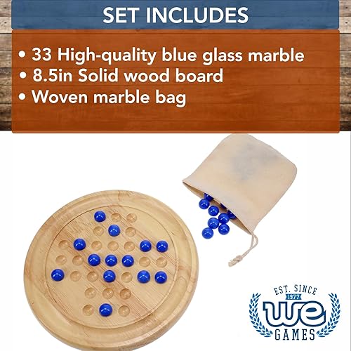 Miniatura 4 de WE Games Juego de solitario de mármol de madera maciza, juego de canicas de vidrio azul, juego de mesa de mármol, juegos de madera, juegos de mesa,