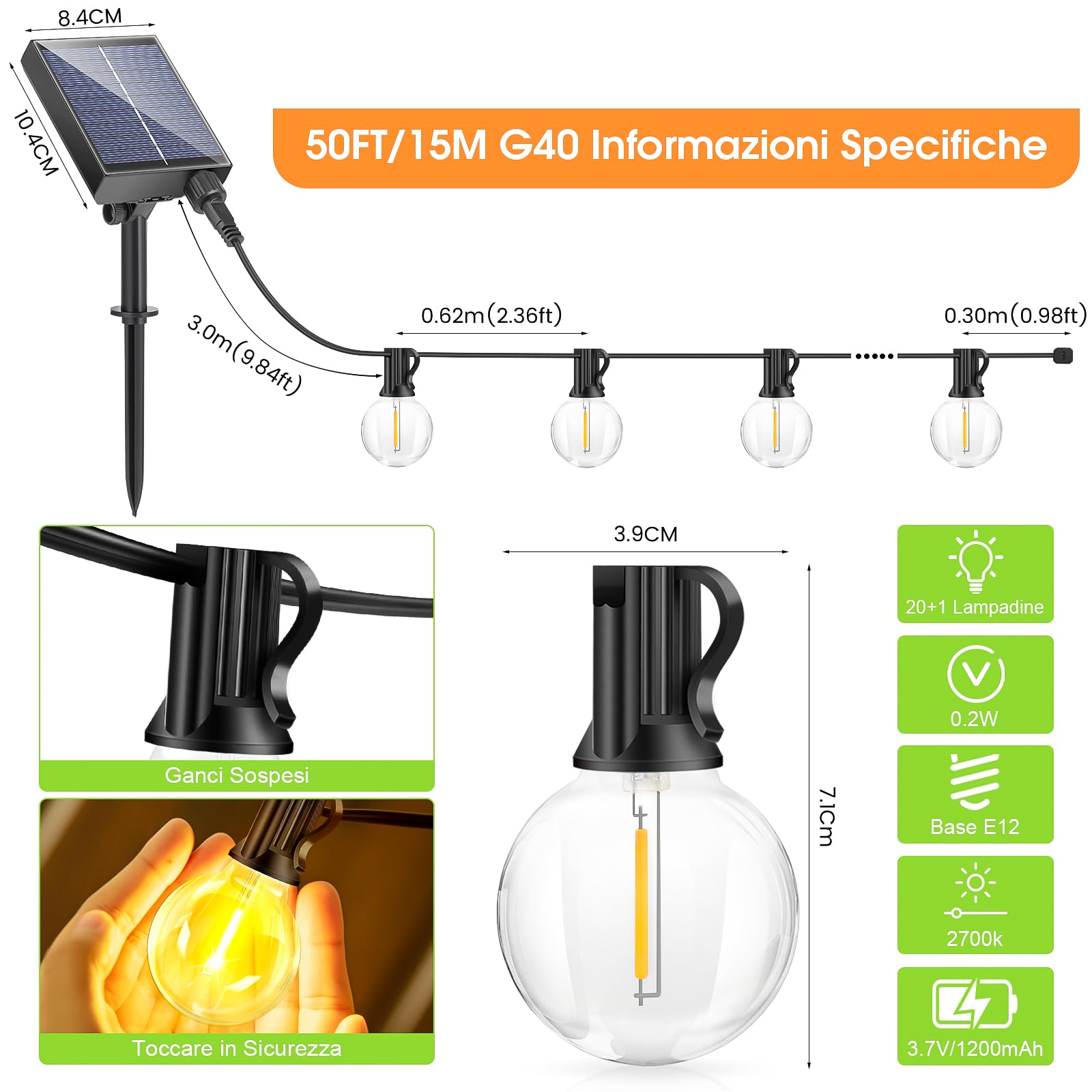 Solari Catena Luminosa Esterno con Telecomando - 15M/50FT Luci da Esterno Giardino con 20+1 Lampadine LED G40 8 Modalità e Funzione Timer per Illuminazione Gazebo Patio Jardin Balcone Fête