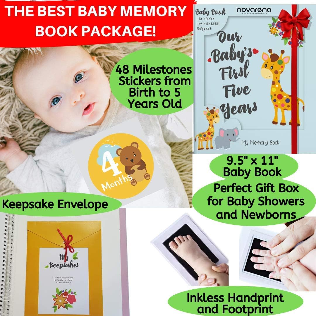 Novarena First 5 Years Baby Memory Book Journal Scrapbook 48 Pack Monthly Milestones Stickers & Clean-Touch Baby Safe Ink Pad