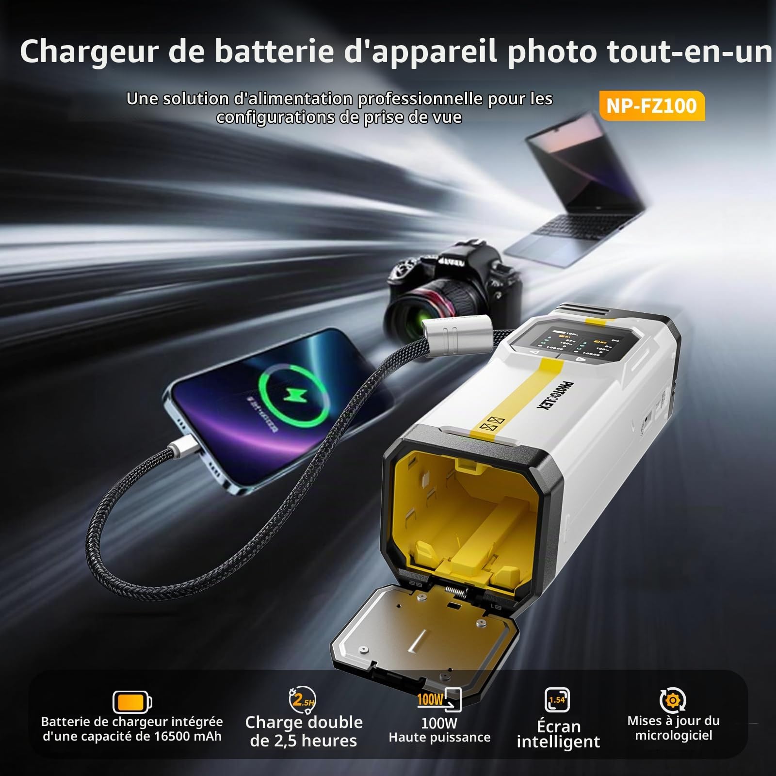 PHOTOOLEX NP-FZ100 Batterie Chargeur, BB Pro Chargeur Double avec Port 100W USB-C et Batterie intégrée de 16500 mAh, Compatible avec Sony Alpha A7III, A7IV, A7R V, A7R IV, A6700, A7R3, ZV-E1, FX3