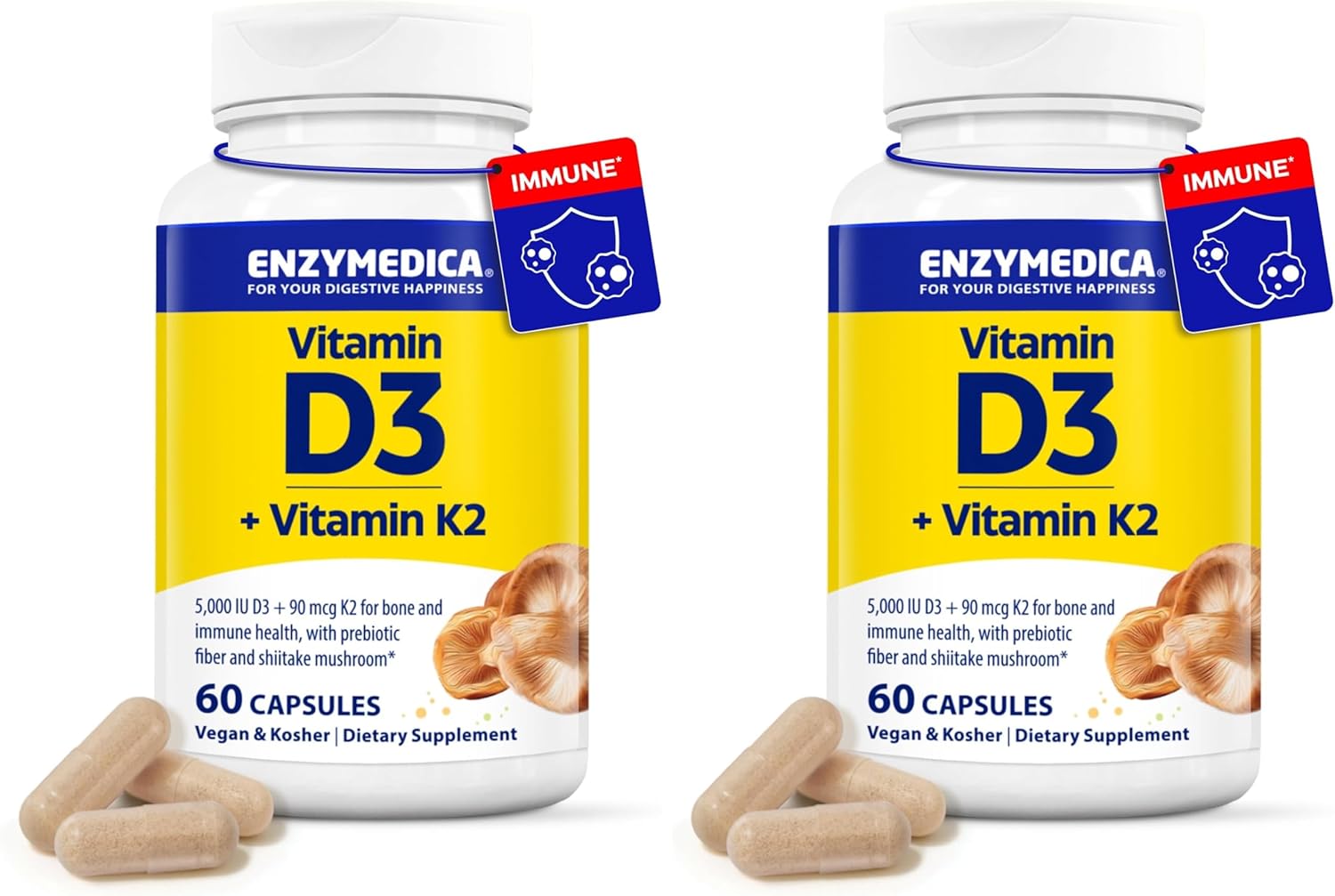 Enzymedica Vitamin D3 K2, 5000 IU Vegan D3 + 90 mcg MK-7, Plant-Based Supplement with Shiitake Mushroom & Prebiotic Fiber for Bone & Immune Support, 60 Capsules (Pack of 2)
