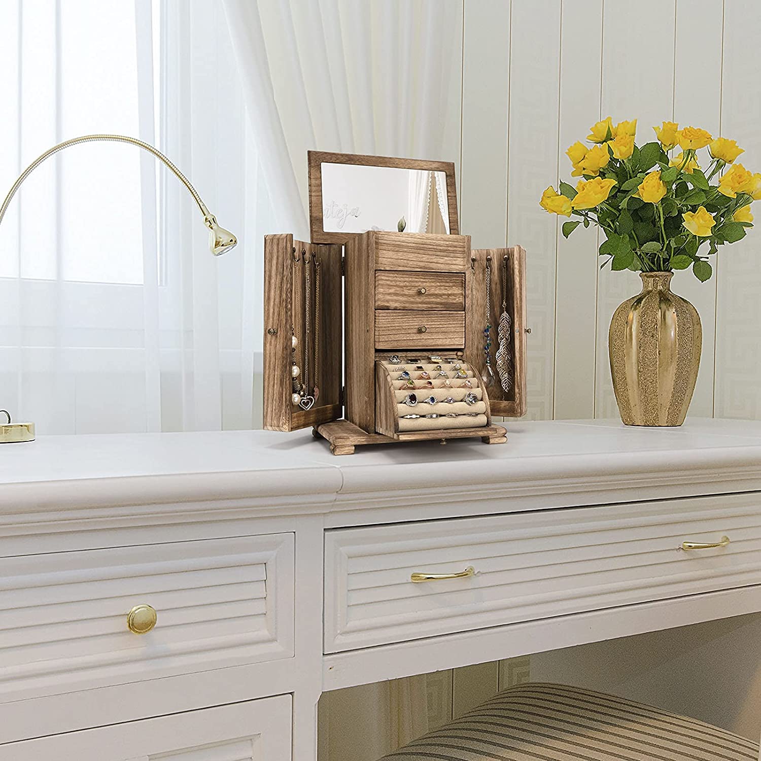 Schmuckkästchen, Schmuckaufbewahrung, Rustikales Holz Groß Schmuckkasten Organizers mit Spiegel, 4 Ebenen Schmuckbox für Ringe, Ohrringe, Halsketten, Armbänder (Rustikal Braun)