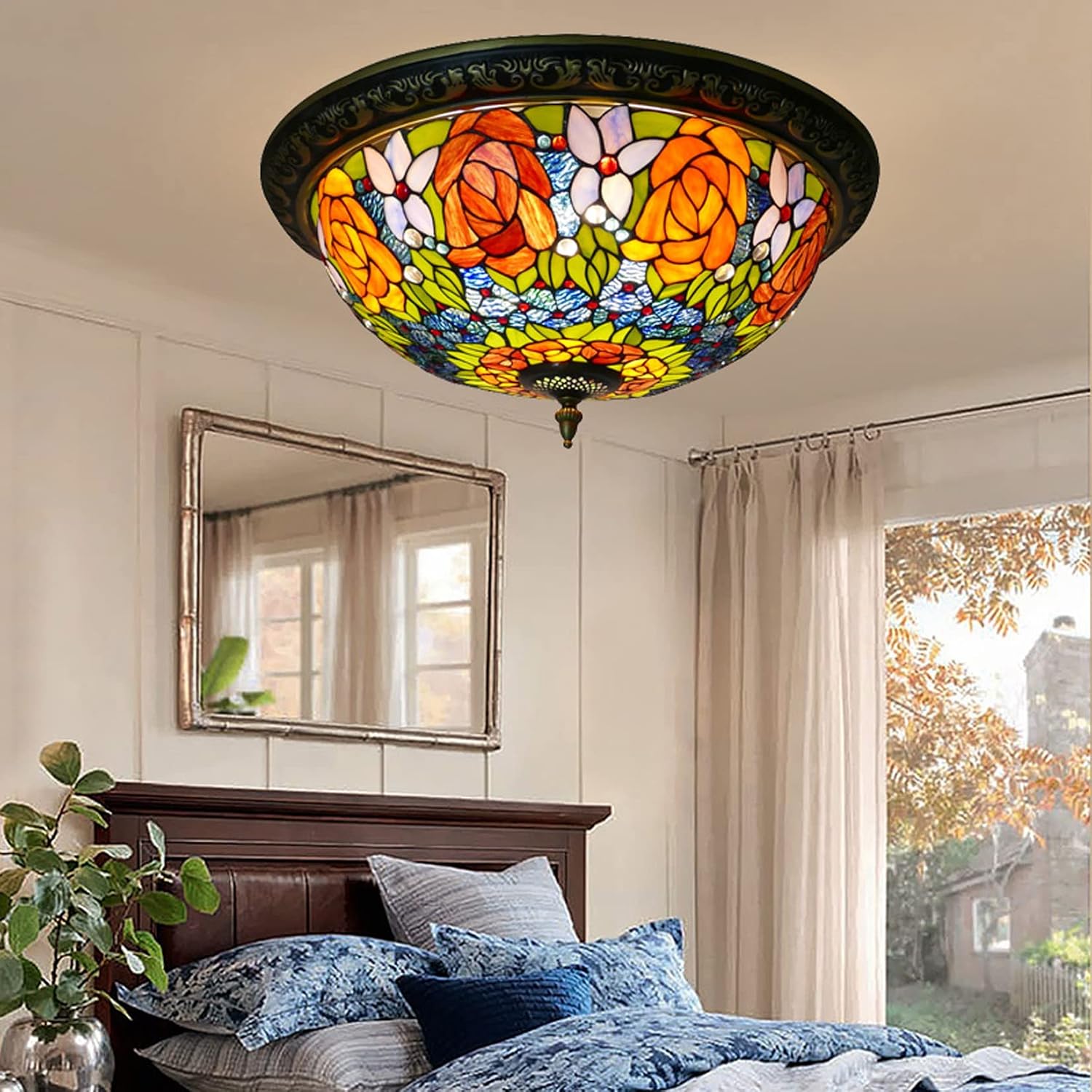 Tiffany Style Bedroom Ceiling Lights Pastoral Rose Stained Glass Ceiling Lamp Retro Traditional Flush Mount Ceiling Light Fixture for Living Room Hallway Foyer,12inch