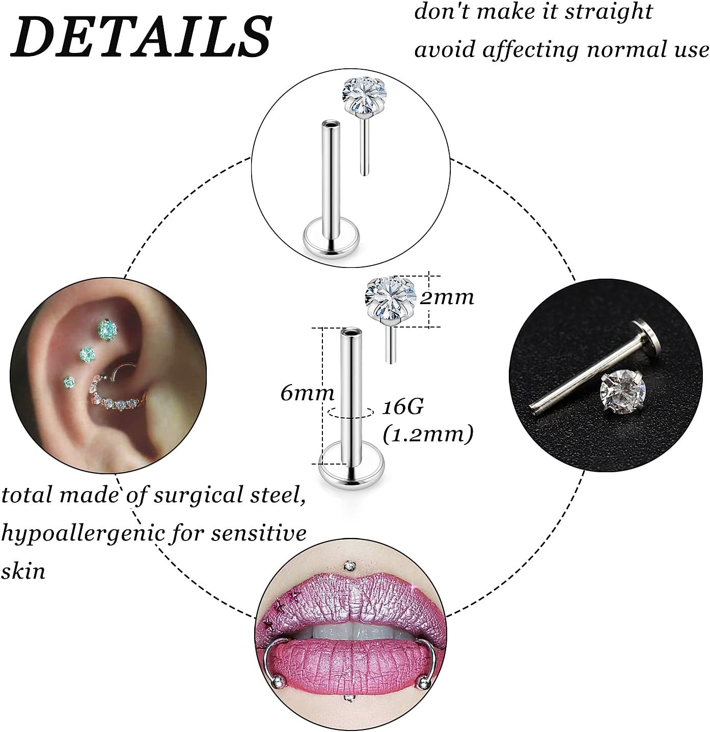 Vsnnsns 16G 18G 20G Threadless Push in Lip Rings Stainless Steel Flat Back Nose Rings Studs Tragus Helix Conch Cartilage Lobe Earrings Stud Piercing Jewelry for Women Men Diamond CZ Silver - Image 2