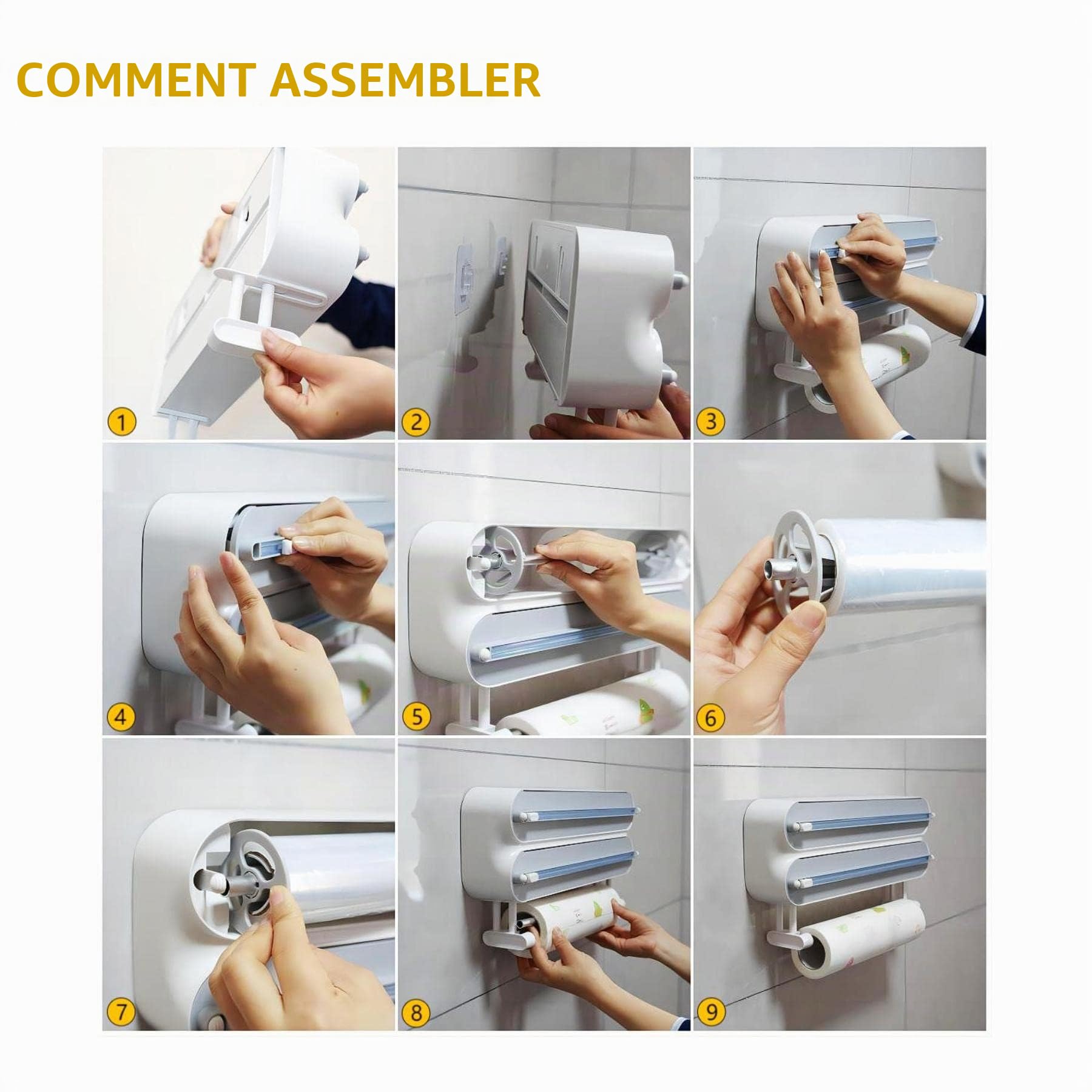 Distributeur Papier Aluminium et Film avec Port Essuie Tout - Magnétique et Murale sans Percer, Derouleur Film Alimentaire avec Coupeur pour Cuisine Organisée, Support Sopalin 3-en-1, Gris