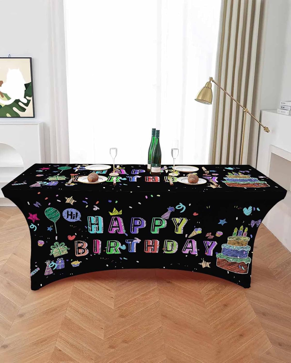 Happy Birthday Colorful Line Cake Present Box 5ft Spandex Tablecloth for Rectangle Table, Black Stretch Fitted Table Cover Table Cloth Protector for Party Banquet