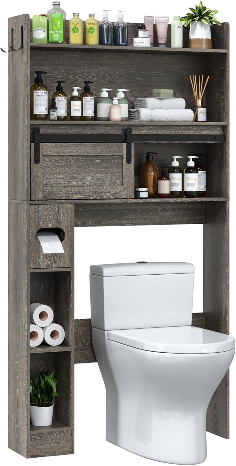 Over The Toilet Storage Cabinet 32.1 inch, Farmhouse Toilet Organizer 6-Tier, Home Space-Saving Toilet Rack with Adjustable Bottom Bar for Bathroom, Restroom, Laundry