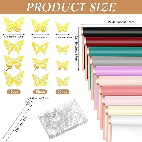 Miniatura 2 de Fulmoon 20 hojas de papel de regalo de flores con 48 piezas de decoraciones de mariposa dorada 3D, 100 pines de ramillete para manualidades,