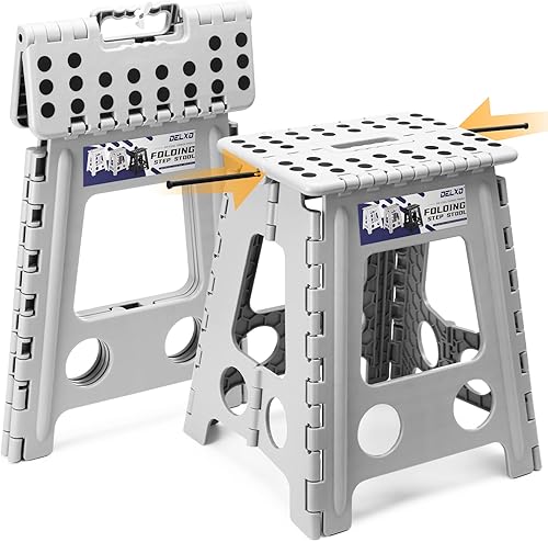 Miniatura 27 de Delxo Taburete plegable de 13 pulgadas de altura, taburete plegable resistente para adultos y niños, taburete pequeño plegable para cocina, 1 gris