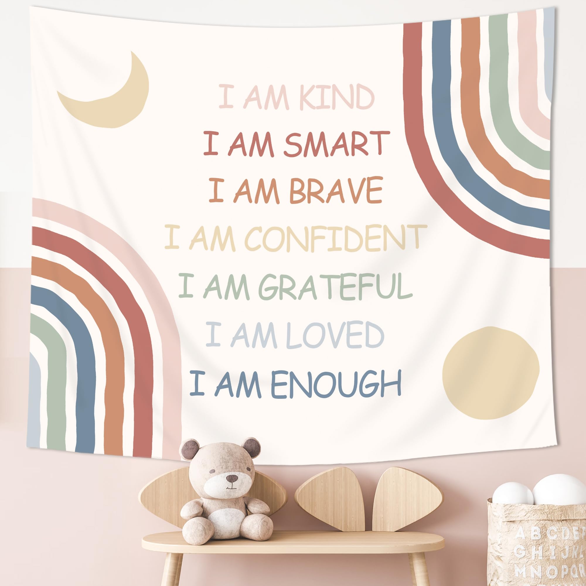 Imirell Boho Rainbow Tapestry 78Wx59H Inches Kids Inspirational Quotes Motivational Positive Muted Moon Sun Teens Girls Classroom Art Hanging Bedroom