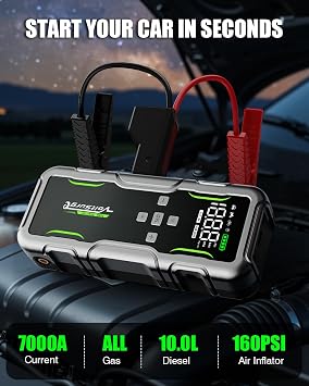 8000A Jump Starter with Air Compressor, 12V Portable Battery Jumper Starter Pack(All Gas/10.0L Diesel) for Car, Jump Box with 150PSI Auto Tire Inflator, LCD Display & Lights
