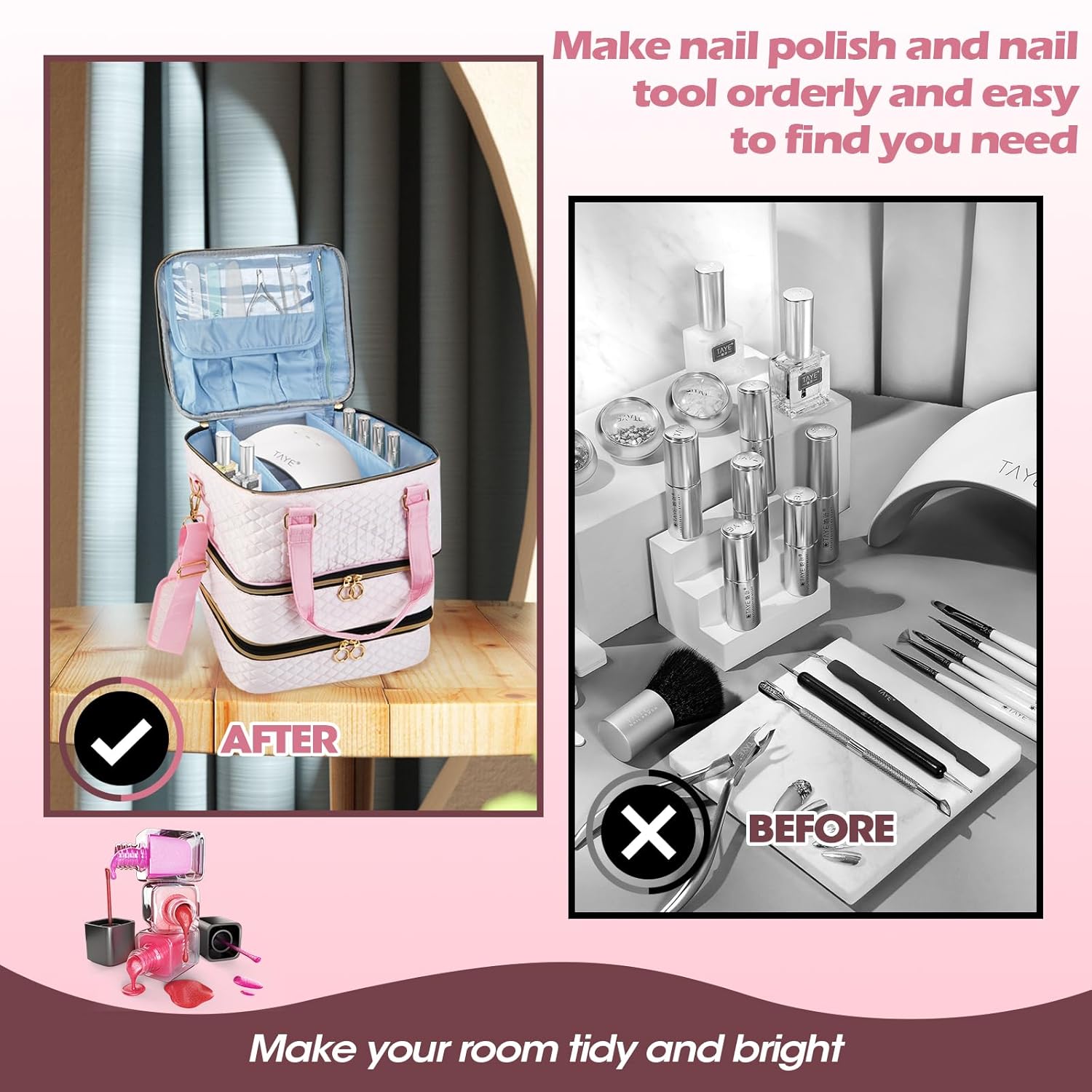 Nail Polish Organizer Case - Three Layer Nail kit Storage Bag with Adjustable Dividers Holds 84 Bottles Nail Polish Nail Lamp Nail Kit Supplies Organizer Box - Pink