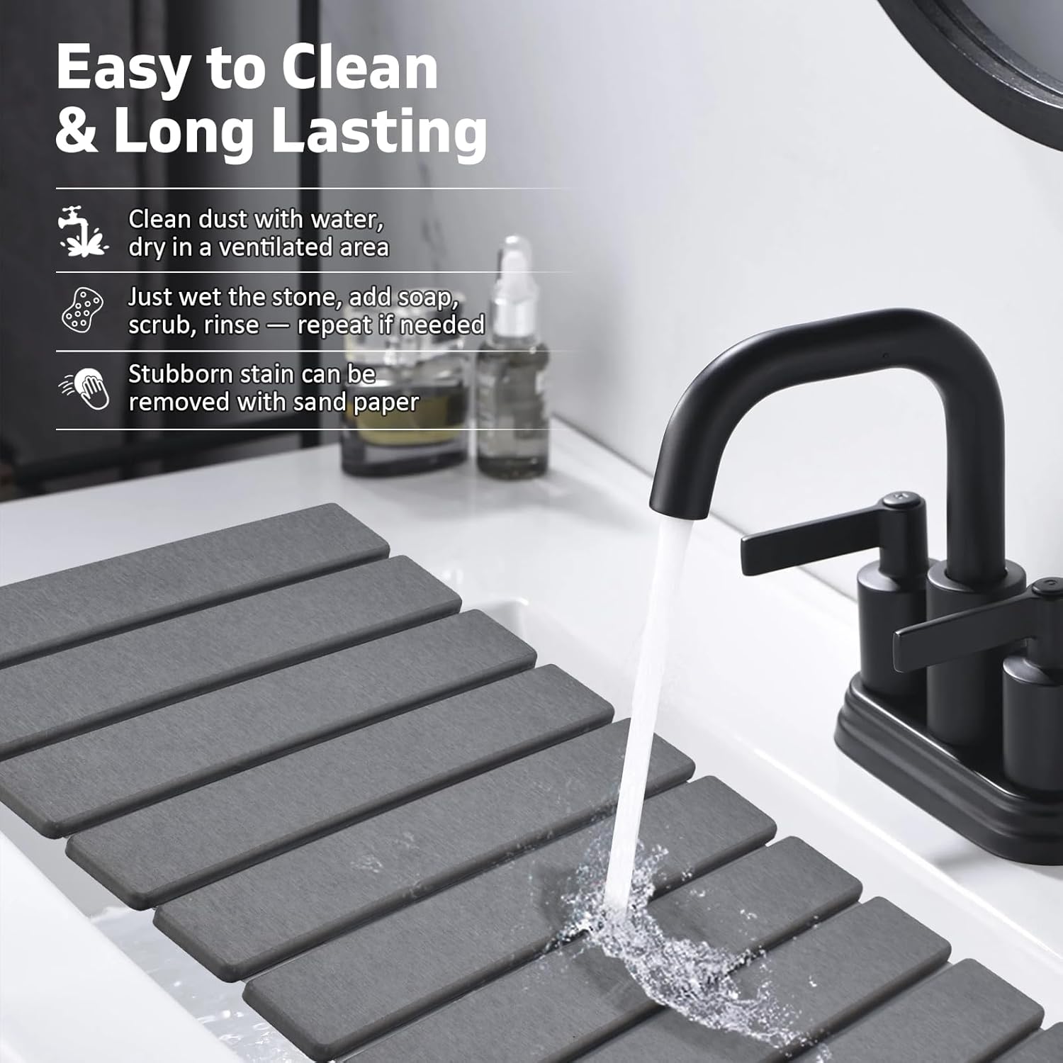 Large Stone Dish Drying Mats for Kitchen Counter, 24"(L)×16"(W), Drying Collapsible Dish Drying Mat, Eco-Friendly Absorbent Diatomaceous Earth Mats for Dishes Bottles Cups - Dark Grey