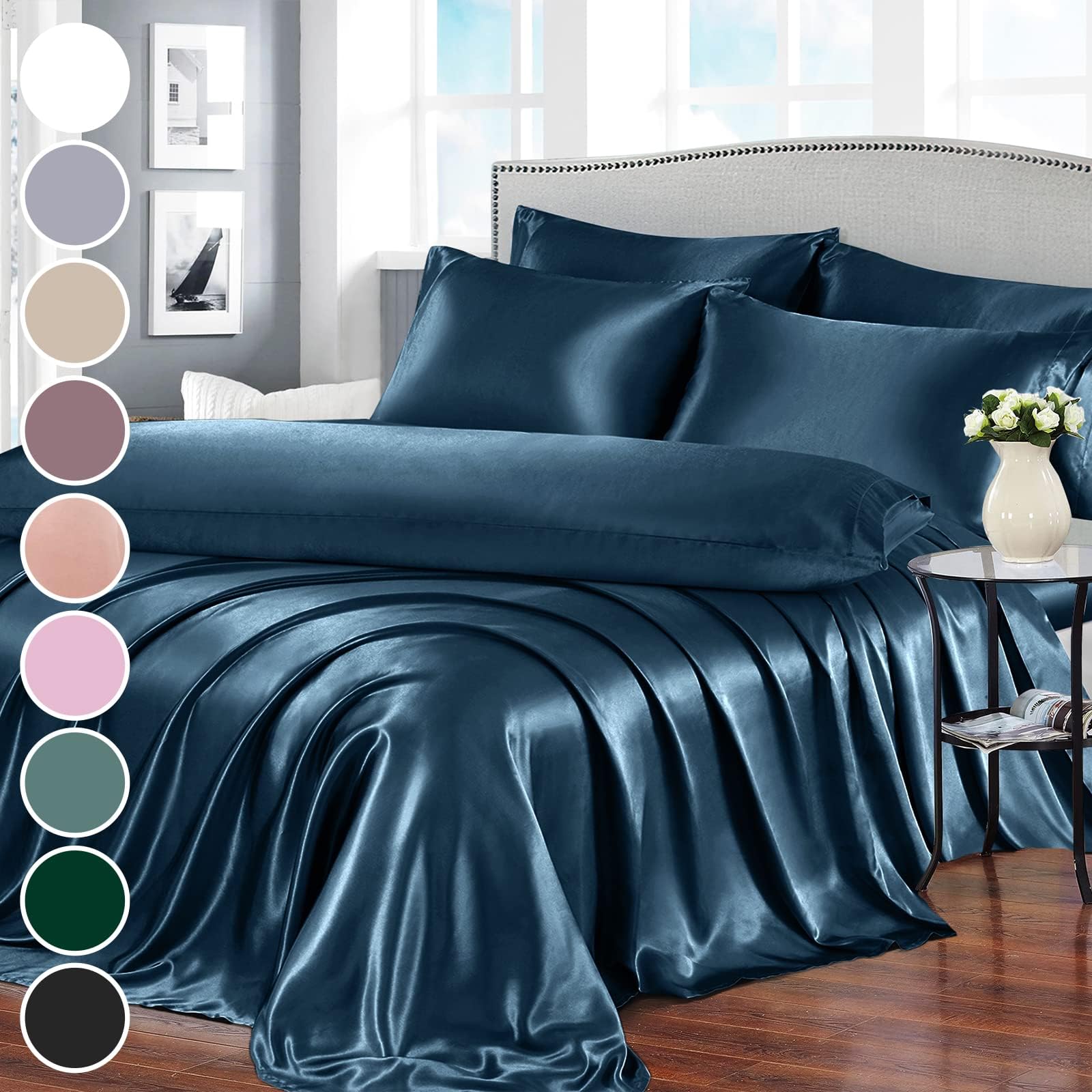 Homiest 7pc Queen Satin Sheet Set, Deep Sea Blue, 1 Deep Pocket Fitted, 4 Pillowcases, 1 Body Pillowcase