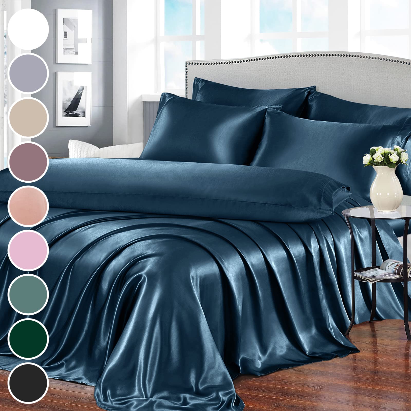 Homiest 7pc Queen Satin Sheet Set, Deep Sea Blue, 1 Deep Pocket Fitted, 4 Pillowcases, 1 Body Pillowcase